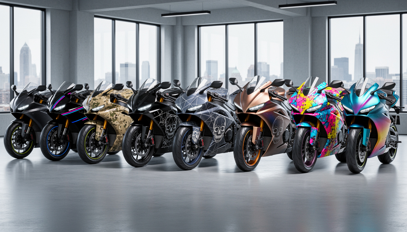 découvrez les 10 motifs tendances pour personnaliser votre moto en 2026, avec des designs exclusifs comme carbone, camo et skull pour un style unique et audacieux.